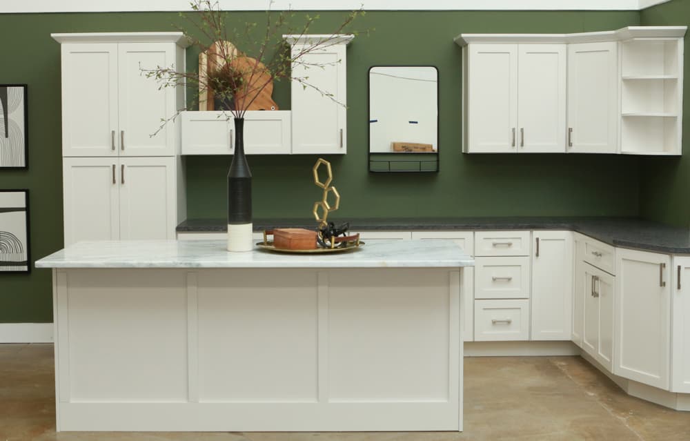 White shaker kitchen cabinets with premium hardware